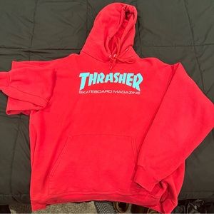 Men’s Red Thrasher Magazine Hoodie w/ turquoise logo
